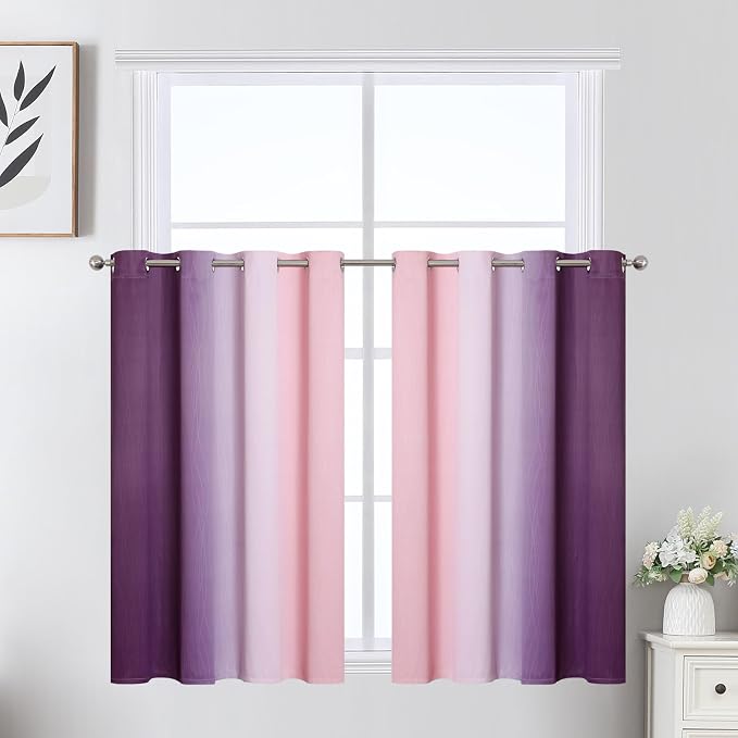 Pink and Purple Ombre Short Blackout Curtains 36 Inch Long, Thermal Insulated by ESTELARTEXTILER