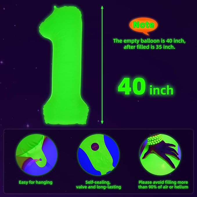 Mega-L Glow in The Dark Party Supplies, 40 Inch Yellow Number 1 Balloon | Glow - Image 5