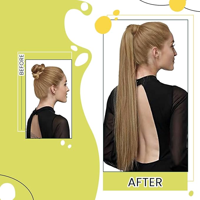 RUNATURE Human Hair Ponytail Extension Blonde Ponytail Hair Extension Dark Blonde Highlight Caramel Blond Short Ponytail Human Hair Extensions Straight Pony Tails Hair Extension 12 Inch 70g