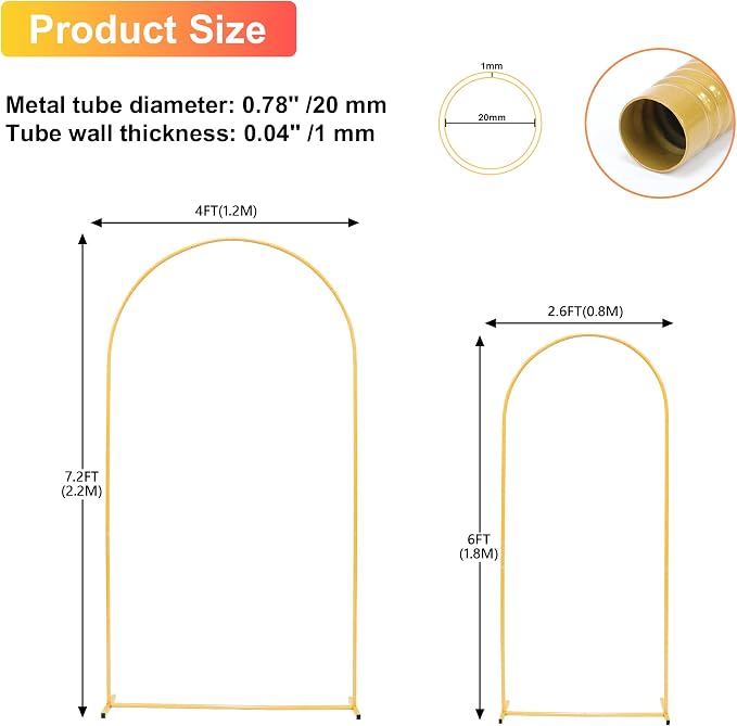 Toodour Arch Backdrop Stand 7.2FT, 6FT Set of 2 Gold Metal Wedding Balloon Arch - Image 2
