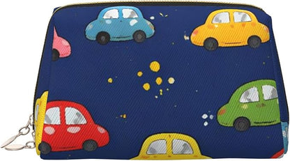 Navy Blue Drawing Car Leather Makeup Bag Cosmetic Pouch Portable Travel by Unknown
