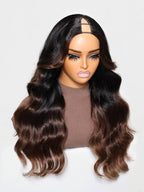 YIROO V Part Wig Human Hair Highlight Chestnut Brown Ombre Body Wave Human Hair Wig No Leave Out 12A Glueless Upgrade U Part Wigs Clip in Half Wig No Glue No Sew Beginner Friendly 150% Density 16inch