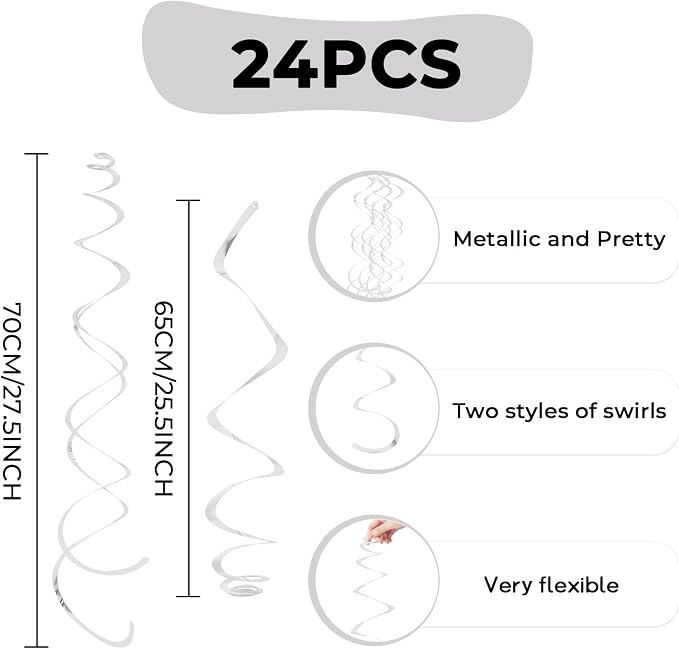 24 PCS Silver Foil Hanging Swirl, Sparkle Ceiling Hanging Decorations, Plastic - Image 6