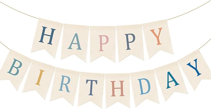 Doumeny Happy Birthday Burlap Banner Boho Birthday Bunting Garland Blue Pink by Doumeny