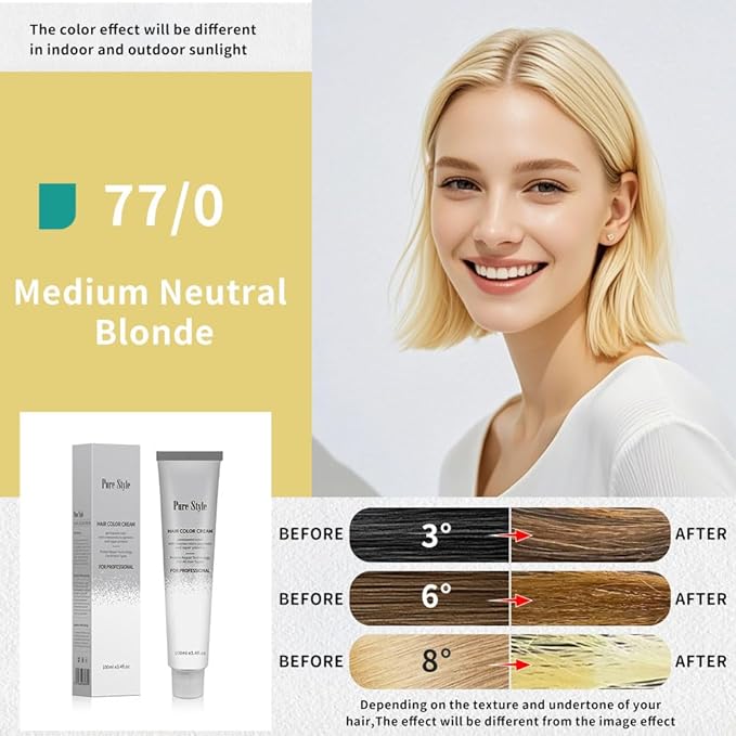 PureStyle 100ml Professional Permanent Hair Color Dye Cream Ammonia Free, Long Lasting Golden Color, 100% Gray Coverage, Natural Shine, For All Hair Types Easy At Home (77/0 Medium Neutral Blonde)