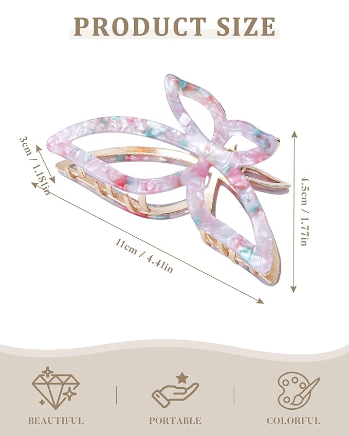 ACECHA 2 Pack Gold Metal Bow Hair Claw Clips for Women, Large Non-slip Butterfly Hairclips for Thin Thick Hair Claws Strong Hold Styling (Pink)