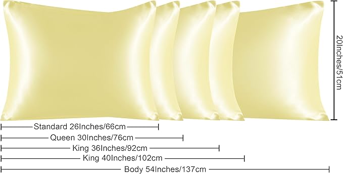 NTBAY Satin Body Pillowcase for Hair and Skin, Luxurious and Silky Pillow case with Envelope Closure, 20x54 Inches, Light Yellow