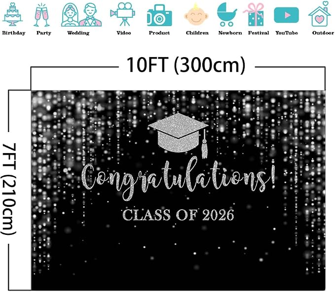 Mocsicka Class of 2026 Backdrop Black Silver Glitter Bokeh Graduation Party - Image 4