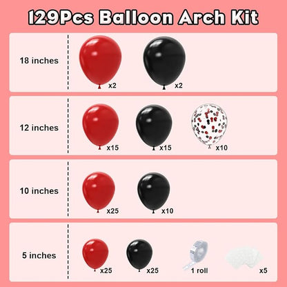 Red and Black Balloon Arch Kit，129Pcs Black and Red Balloons | 4 Sizes Latex - Image 2