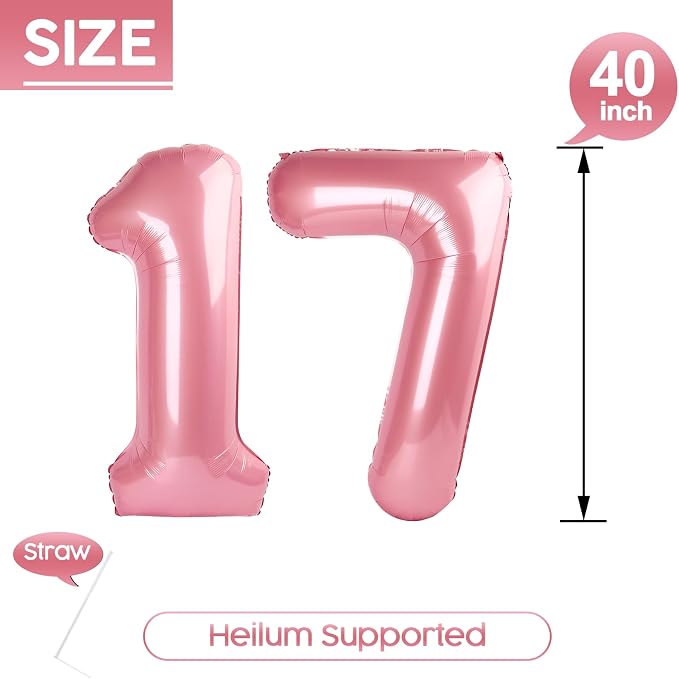 17 Balloon - Pastel Pink Birthday Number Balloons, 40 Inch Decorations | Pastel - Image 5