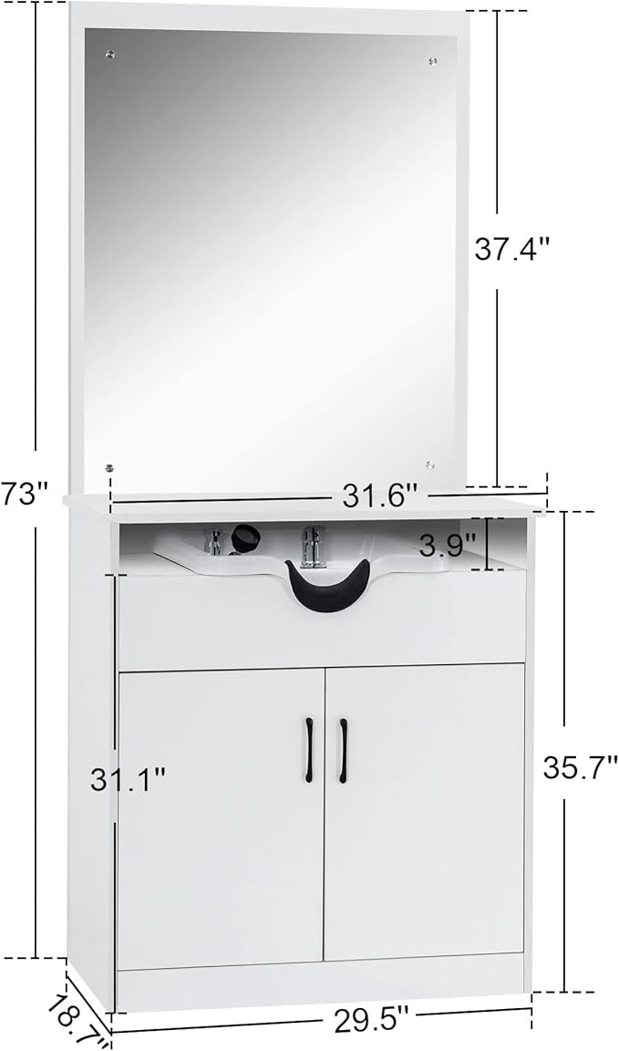 BarberPub Backwash Shampoo Bowl Sink Chair Station with Mirror Salon Styling Cabinet Spa Equipment 3130 (White)