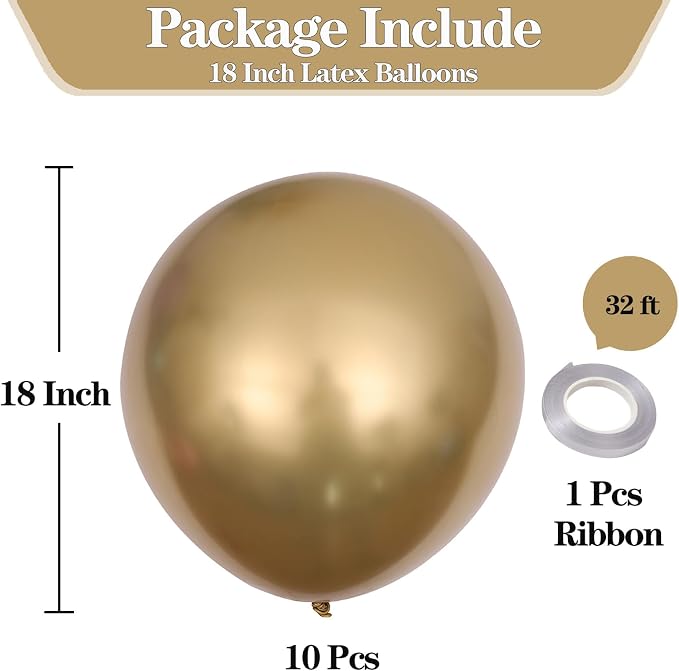 10pcs 18 inch Metallic Gold Balloons, Thick Latex Chrome Helium Balloons - Image 2