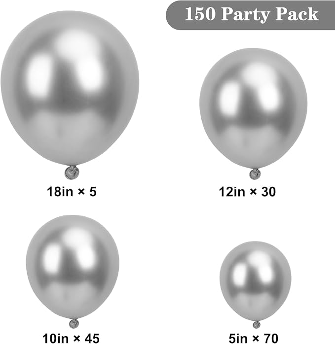 APLANET 150pcs Silver Balloons Different Sizes 18 12 10 5 Inch, Latex Balloons - Image 2