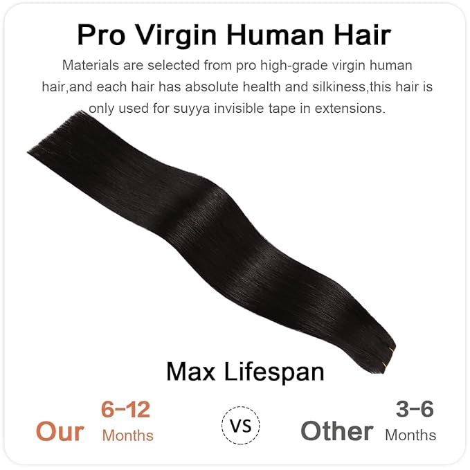 SUYYA Invisible Tape in Hair Extensions Human Hair Natural Black Seamless Injected Hand-Tied Pro Quality Virgin Human Hair 20PCS 50G/Pack Straight Tape Ins(20 inch #1B Off Black)