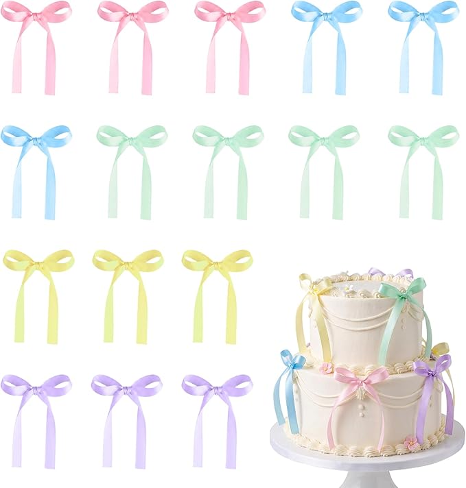 Pastel Bows for Cake Ribbon Bow Cake Topper Rainbow Bow Cupcake Toppers | 30 by NatNarr