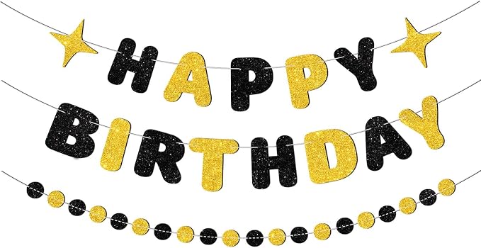 Black and Gold Happy Birthday Banner-Happy Birthday Decorations by Unknown