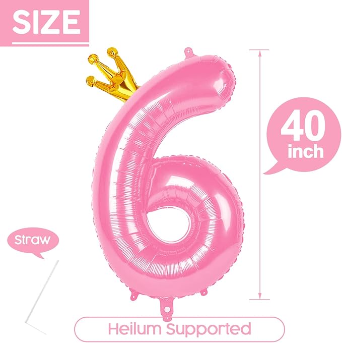 6 Balloon - Pink with Crown Birthday Number Balloons, 40 Inch Decorations | - Image 5