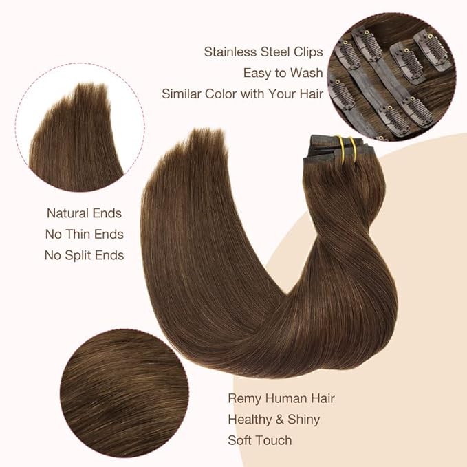 GOO GOO Clip in Hair Extensions Real Human Hair, Remy Human Hair Extensions Clip ins for Women, Natural Human Hair, 14inch 110g 7Pcs, 4A Chocolate Brown