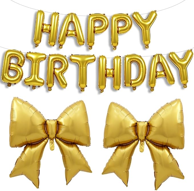 Vuzvuv Gold Happy Birthday Balloons, 38 Inches Huge Bow Aluminum Foil Balloons by Vuzvuv