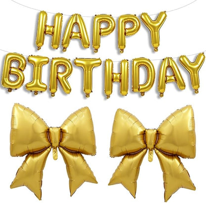 Vuzvuv Gold Happy Birthday Balloons, 38 Inches Huge Bow Aluminum Foil Balloons by Vuzvuv