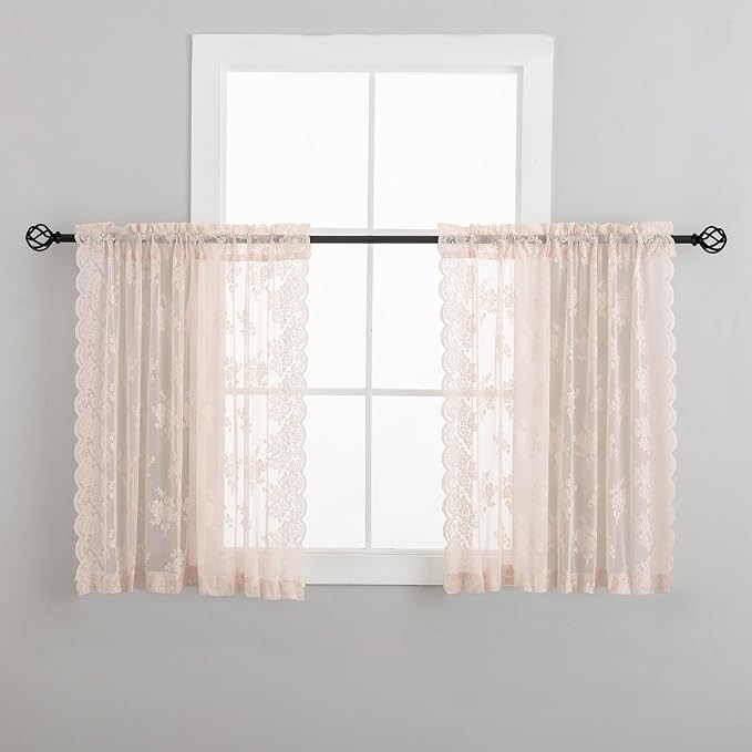 Kotile Blush Pink Lace Curtains Country Floral W42 x L36 Inch, 2 Panels | Rod - Image 9