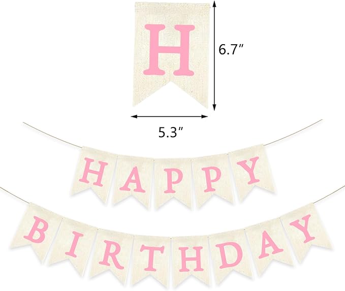 Pink Happy Birthday Banner Pre-strung Burlap Bunting Party Backdrop Sign - Image 2