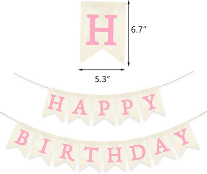 Pink Happy Birthday Banner Pre-strung Burlap Bunting Party Backdrop Sign - Image 2