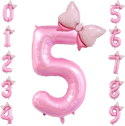 40 inch Number 5 Balloon with Bow Pink Happy Birthday Jumbo Number Balloon by OIBUTUR