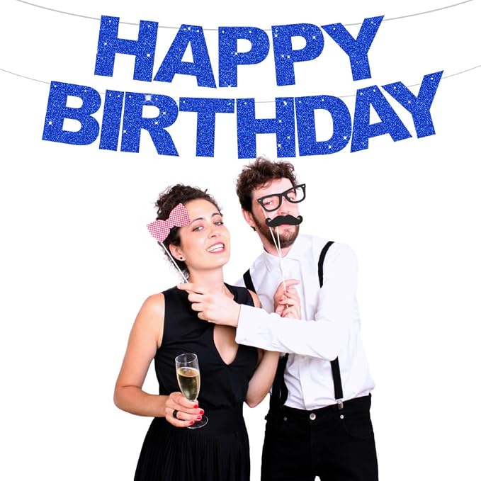 BEISHIDA Pre-Strung Glitter Blue Happy Birthday Banner Party Sign Decor | NO DIY - Image 4