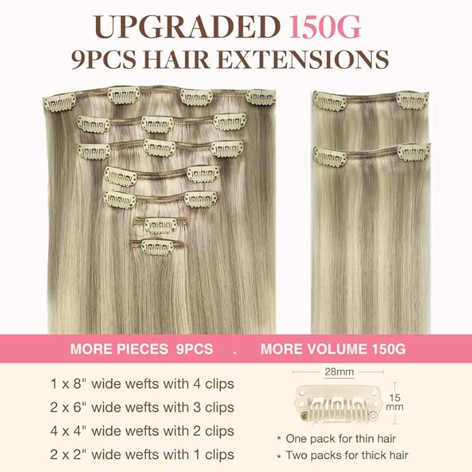 GOO GOO Remy Human Hair Clip in Extensions - Natural Real Hair, 22in 150g 9Pcs, Balayage Ash to Platinum Blonde