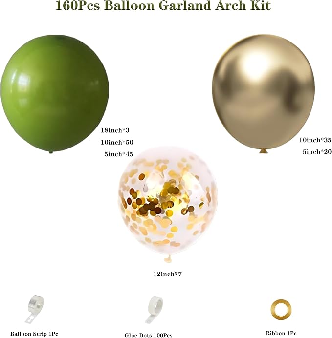 160pcs Olive Green Gold Balloon Garland Arch Kit | Olive Green Gold Confetti - Image 2