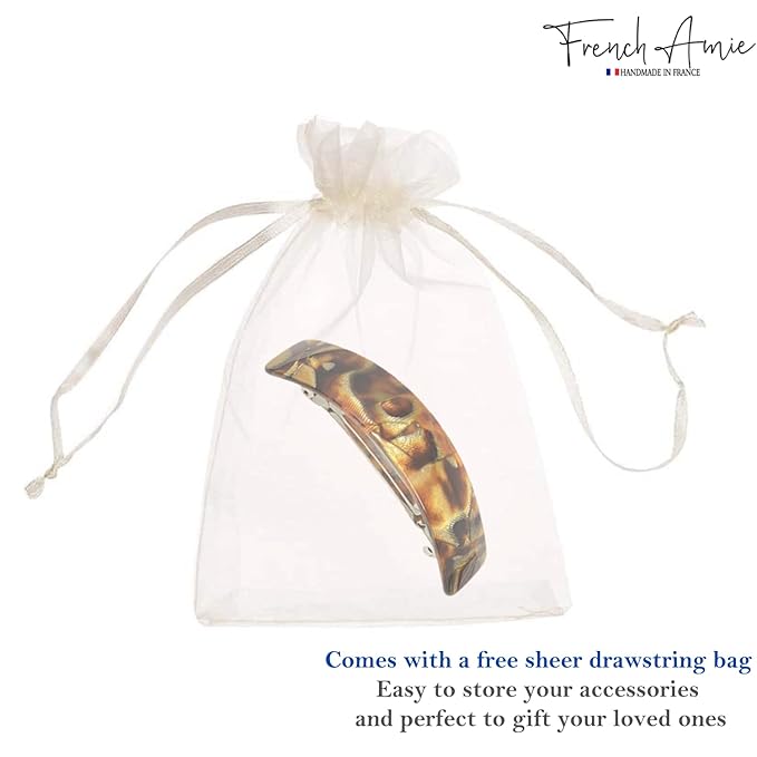 French Amie Curved Amber Brown Large Handmade Strong Grip Celluloid Automatic Hair Clip Barrette