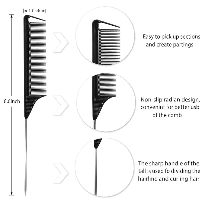 Rat Tail Comb Hair Clips Set: 3Pcs Rat Tail Combs, Hair Styling Combs for Women and 7 Professional Sectioning Hair Clips (Black)