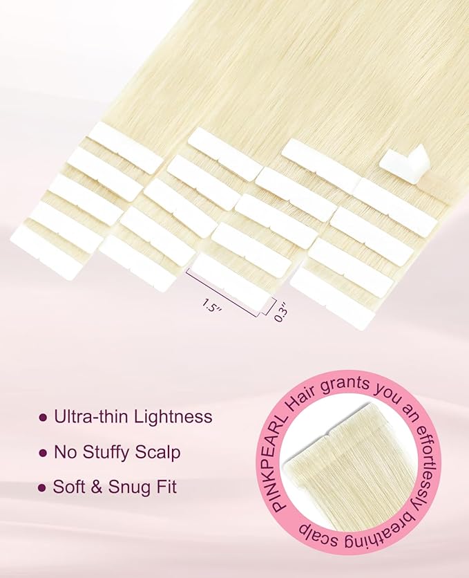 Pinkpearl Invisible Tape in Hair Extensions Human Hair, 20pcs 18inch 50g #60 Platinum Blonde Injection Tape in Extensions Real Remy Straight Seamless Silky Human Hair Injected