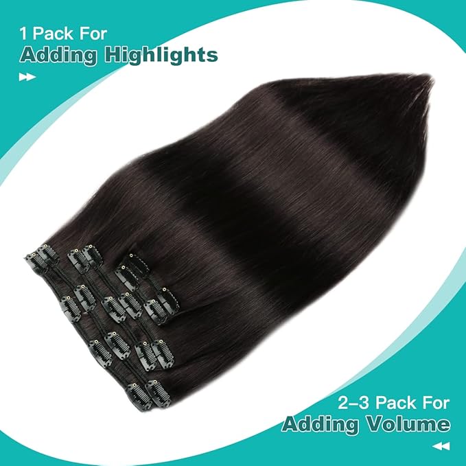 SURNEL Clip in Hair Extensions, Natural Black Human Hair Clip in Extensions 22 Inch 120g 6pcs Clip ins Hair(#1B,22'')
