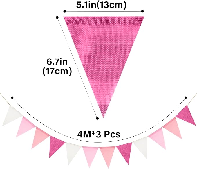 G2PLUS Pre-Strung Burlap Pennant Banners, 39Ft Pink Fabric Triangle Flag Bunting - Image 2