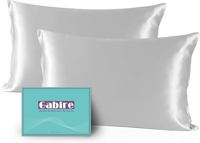 Mulberry Silk Pillow Cases Set of 2, Both Sides Real Silk Pillow Cover for Hair and Skin Prevent Acne Pillowcase Organic Silk Pillowcase 2 Pack with Hidden Zipper, Silver Grey, Queen (20"×30")
