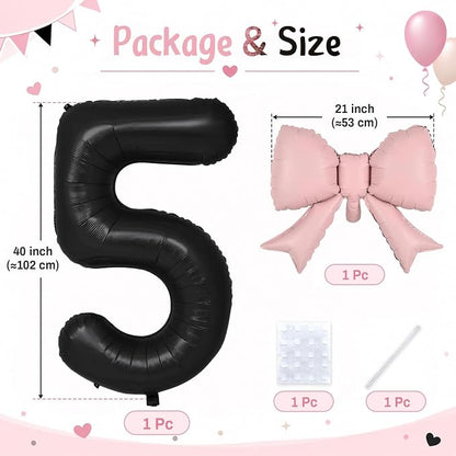 40 Inch Black Number 5 with Pink Bow Balloon, Giant Self Inflating Black Foil - Image 2