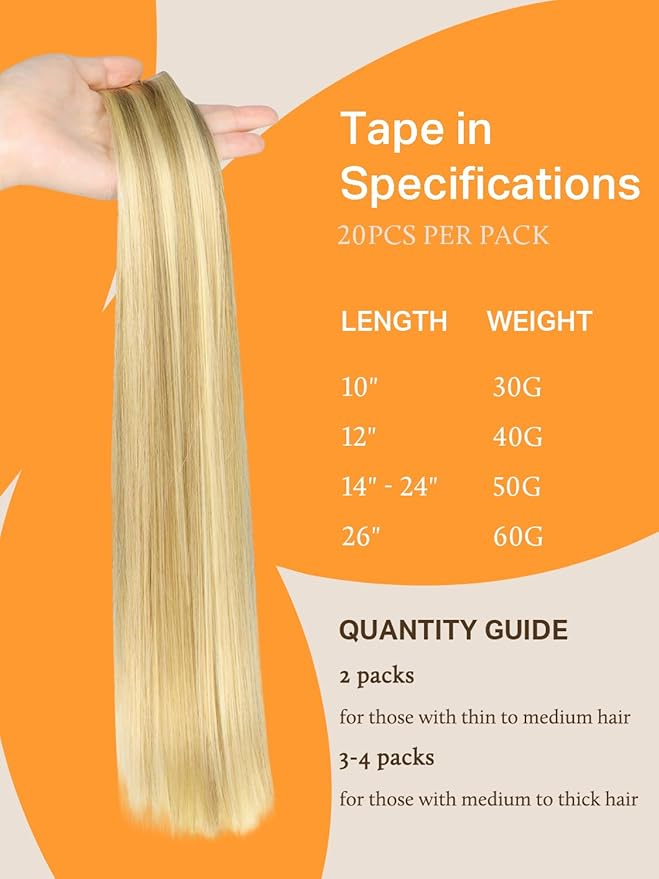 DOORES Hair Extensions Human Hair, Drity Blonde Highlight Golden Blonde 20pcs 50g 16 Inch, Human Hair Extensions Tape in Straight Hair Real Human Hair