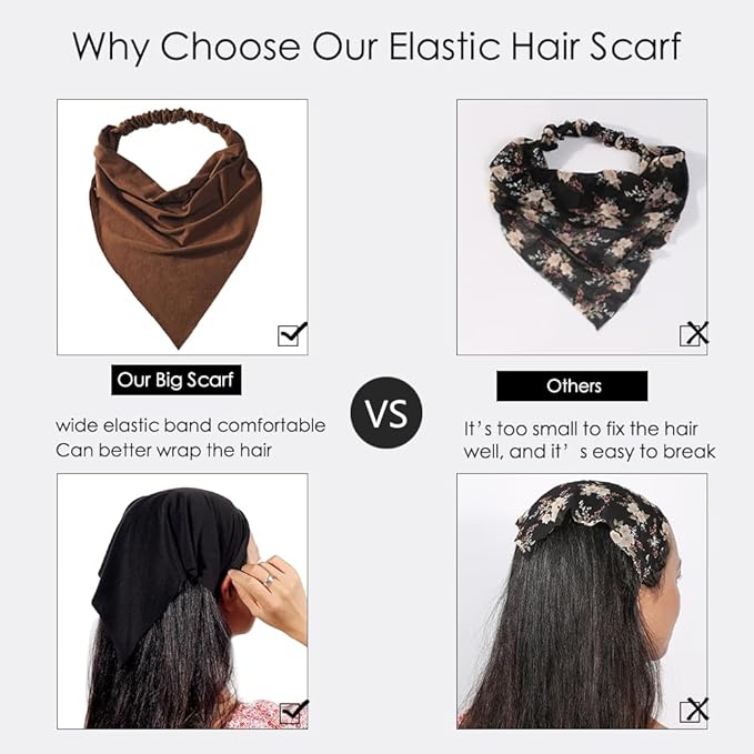 6 Pack Hair Scarf Headband for Women Elastic Bandana Head Scarf Large Boho Triangle Kerchief with Clips Non Slip Scarves