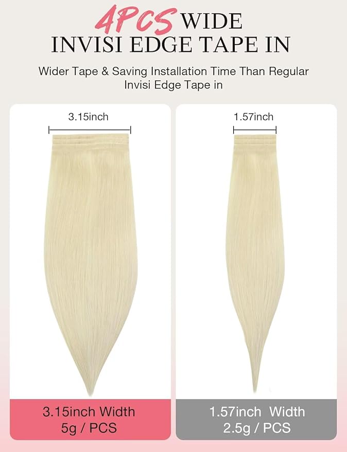 DOORES Invisi Edge Wide Tape in Hair Extensions Real Human Hair, Platinum Blonde 4PCS Injection Tape ins 20g 20 Inch, Invisible Injected 3 Inch Wide Human Extensions Straight