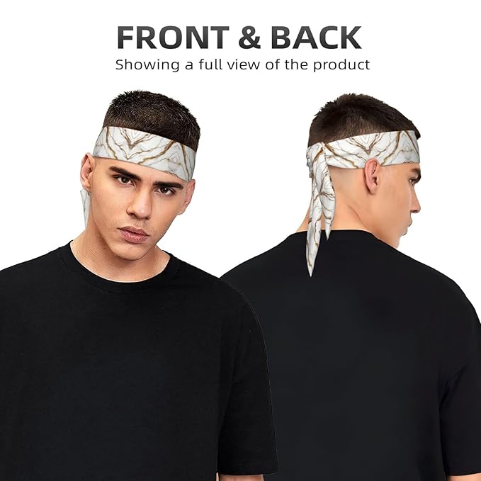 Men Women Fashion Sports Sweat Band Hair Accessories for Sports Workout Shower, Long Multifunction Gold White Marble Art Head Ribbon Headwear