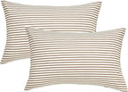 JELLYMONI 100% Natural Cotton Striped Queen Pillowcases Set, 2 Pack White and Khaki Stripes Pattern Printed Pillow Covers with Envelope Closure(Pillows are not Included)