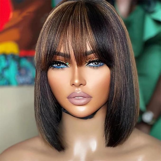 Bob Wig Human Hair with Bangs Glueless 2.5x1 HD Lace Colsure Wigs Human,Yaki Bob Wig with Brown Highlights, Ready to Go Short Wigs For Women Beginner Friendly 10 Inch
