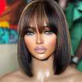 Bob Wig with Bangs Human Hair Glueless HD Lace Straight Short Bob Wig with Brown Highlights, Ready to Go Short Wigs For Women （12 Inch bob wig）