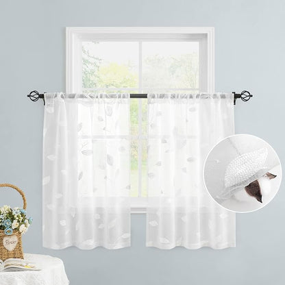 HOMEIDEAS White Sheer Kitchen Curtains 30 X 24 Inch Length 2 Panels Embroidered by HOMEIDEAS