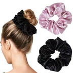 2PCS Extra Large Satin Scrunchies for Women Thick Hair - No Damage Hair Ties 6.3Inches Big Hair Scrunchy Oversized Thick Elastic Hair Bands Ponytail Holders Jumbo Scrunchies (Black Pink)