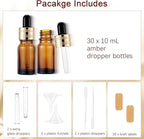 30 Pack 10ml Amber Glass Dropper Bottles with Droppers, Funnels & Labels for Essential Oils, 1/3oz Eye Dropper Bottles with Golden Caps, Brown Empty Glass Tincture Vials for Travel