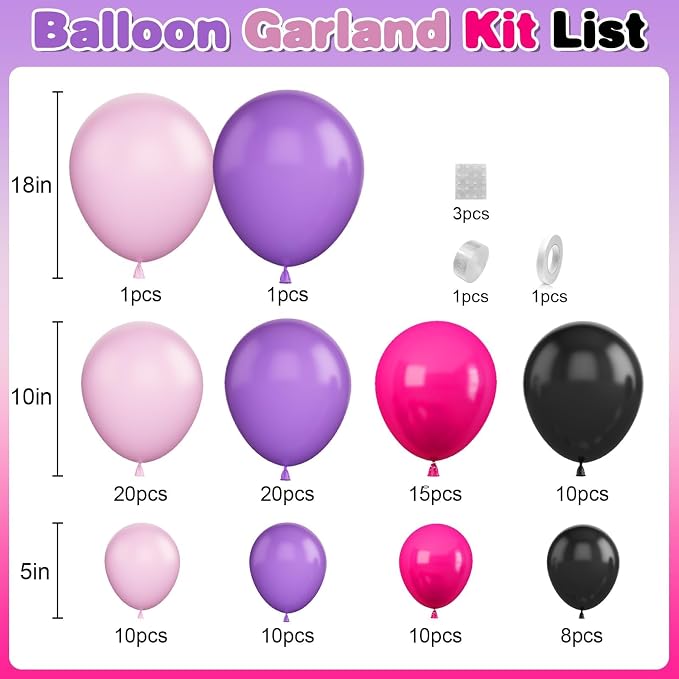 Hot Pink and Purple Balloon Arch Garland Kit, Rose Red Black Pink Purple Latex - Image 2