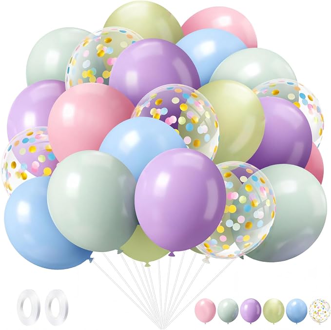 Civaner 48 Pieces Pastel Balloons Bulk 12 Inch Macaron Rainbow Confetti Latex by Civaner